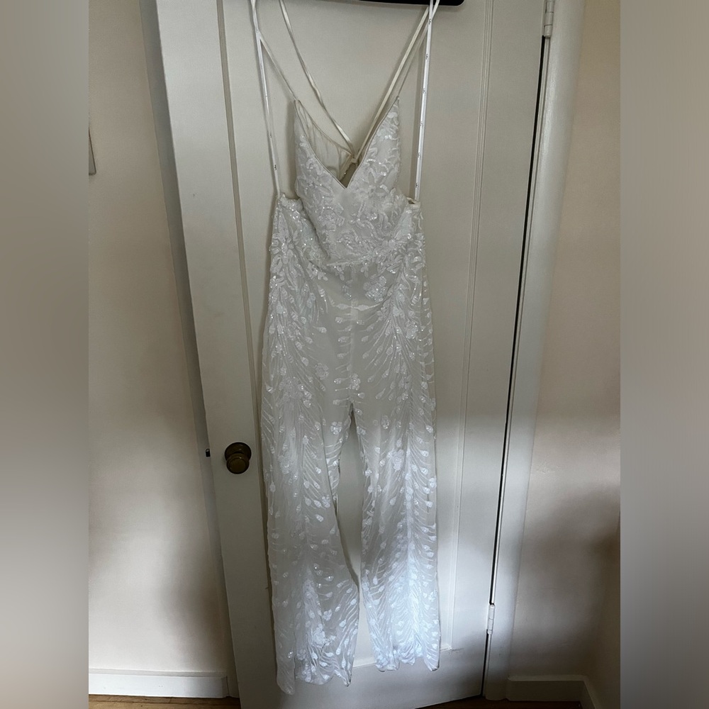 Photo Finish White Sequin Lace-Up Wide Leg Jumpsuit